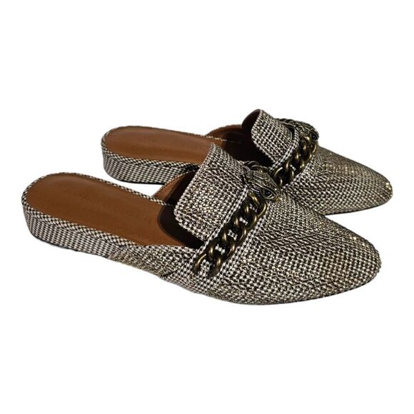 KURT GEIGER LONDON Chelsea Rhinestone Fabric Chain Eagle Emblem Mules - Size 37 - Picture 1 of 8